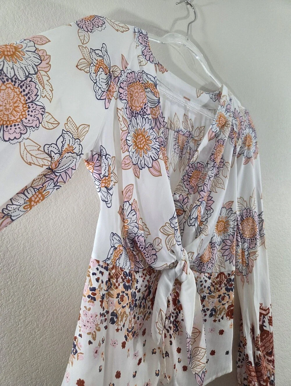 FREE PEOPLE Run Free Boho Mixed Floral Print Tie Front Long Sleeve Tunic Blouse